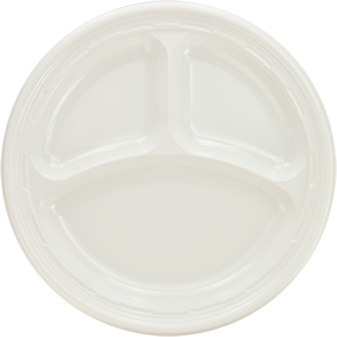 9CPWF PLASTIC WHITE 3-COMP 9&quot;  PLATE-4/125ct  LID IS#1720430